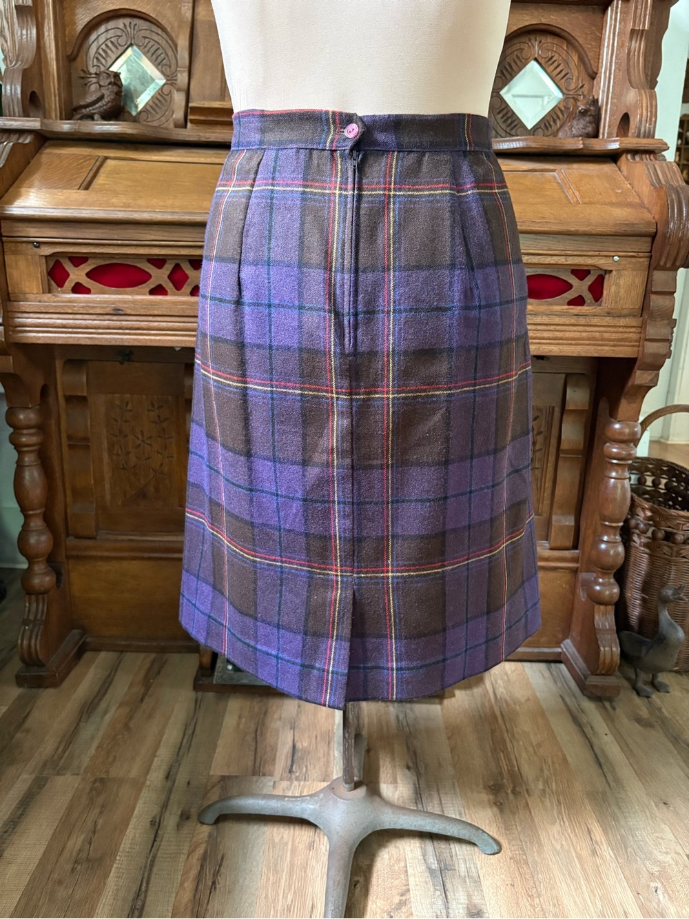 Vintage Retro Pleated Wool Blend Plaid Skirt - Purple/Brown - Picture 2 of 7